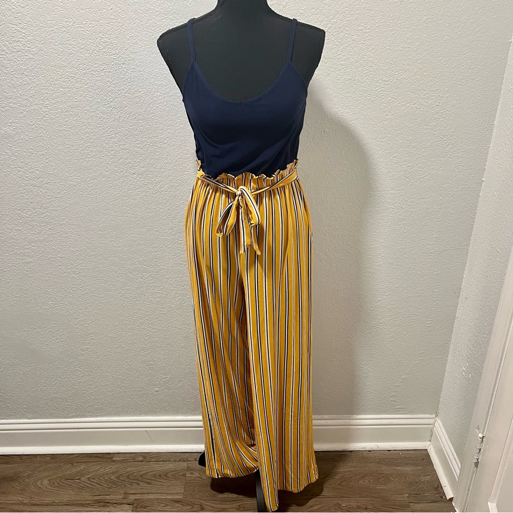 No Comment Navy Blue/Gold Striped Sleeveless Wide Leg Jumpsuit